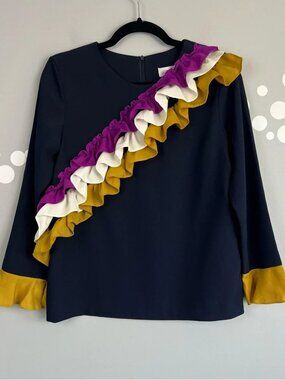 Storets Ruffle Trim Statement Blouse Navy Flare Sleeve Top